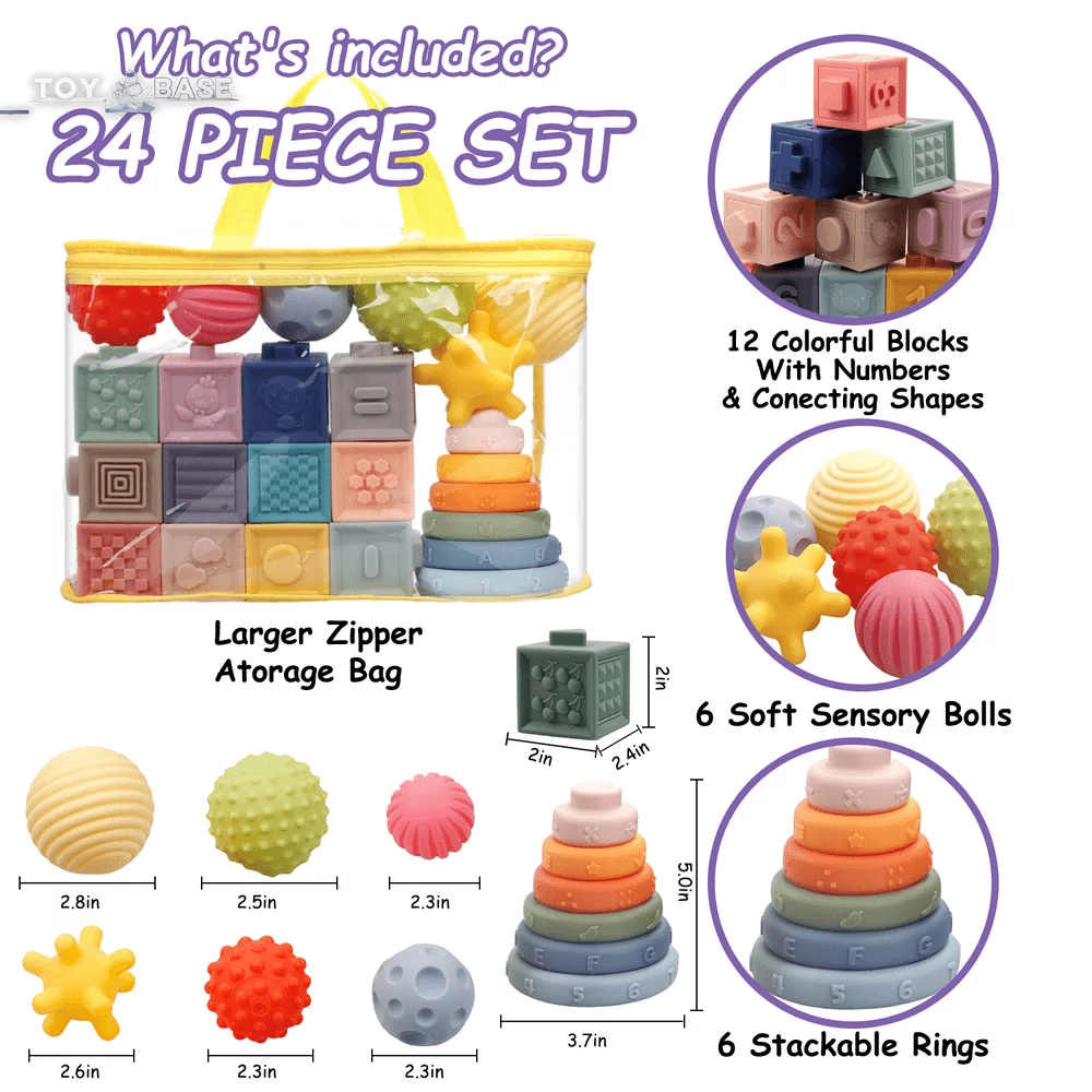 Montessori Toys for Babies,3 in 1 Baby Toys,Soft Stacking Building Blocks Rings Balls Sets,Soft Sensory Toys for Babies 0-6 Months,Child Teething Toys for 1-3 Year Old Gift - The Toy Base