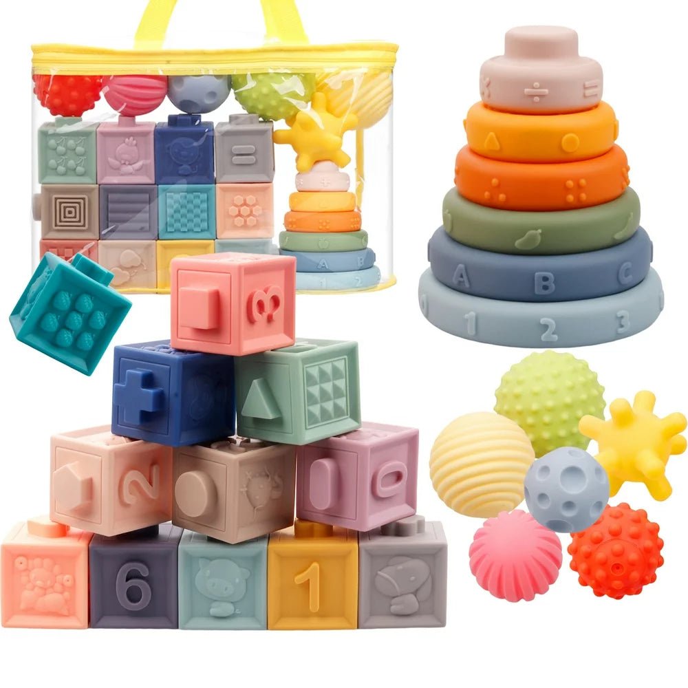 Montessori Toys for Babies,3 in 1 Baby Toys,Soft Stacking Building Blocks Rings Balls Sets,Soft Sensory Toys for Babies 0-6 Months,Child Teething Toys for 1-3 Year Old Gift - The Toy Base