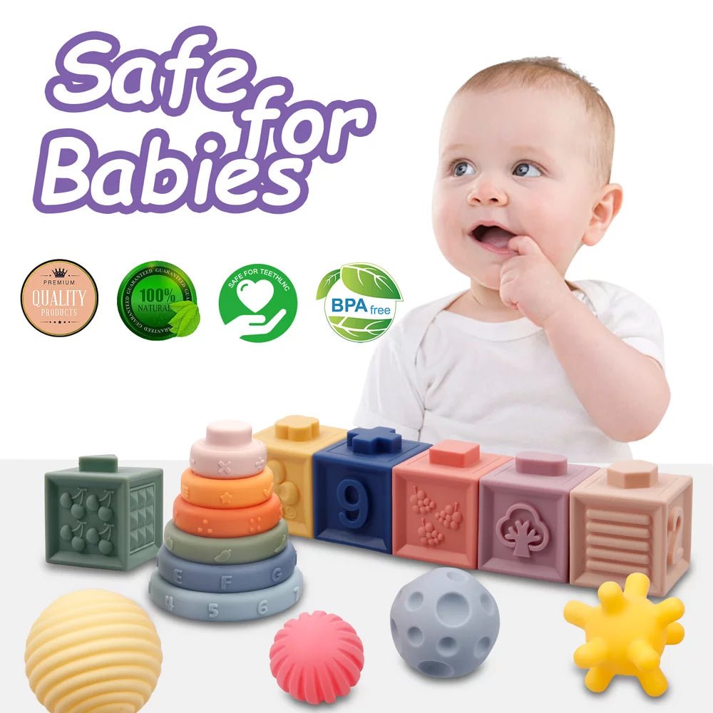 Montessori Toys for Babies,3 in 1 Baby Toys,Soft Stacking Building Blocks Rings Balls Sets,Soft Sensory Toys for Babies 0-6 Months,Child Teething Toys for 1-3 Year Old Gift - The Toy Base