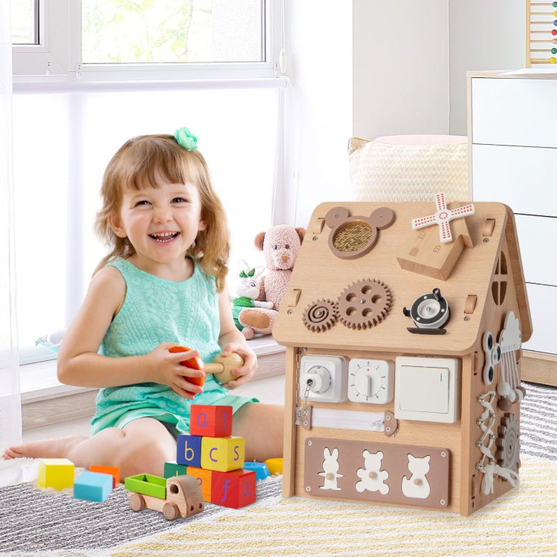 Multi-Purpose Busy House with Sensory Games and Interior Storage Space - The Toy Base