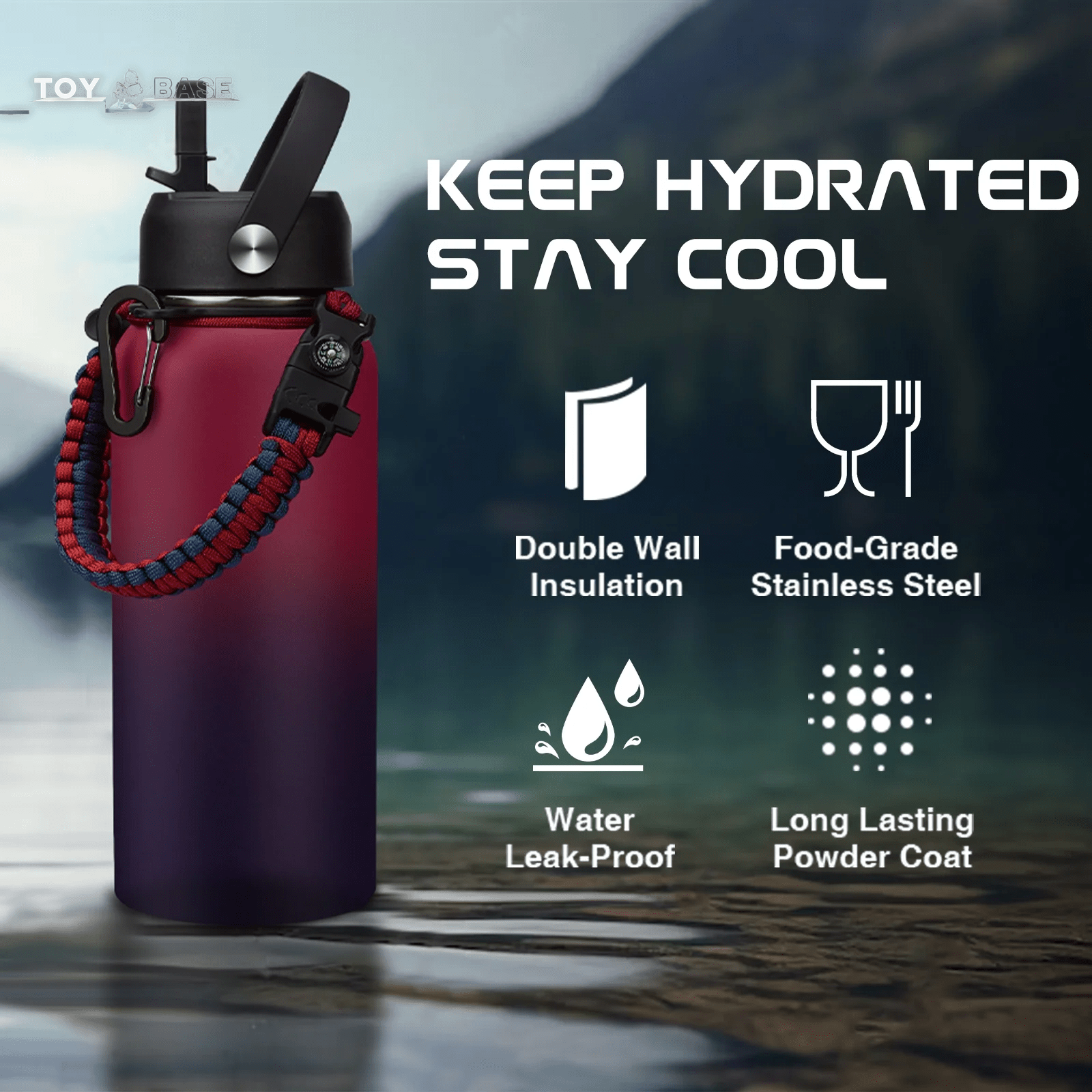 OOICO - 32 Oz Insulated Water Bottle with Straw - Spout Lids, Paracord Handle, Shoulder Carrier Bag, Stainless Steel Sport Water Bottle Metal Flask - The Toy Base