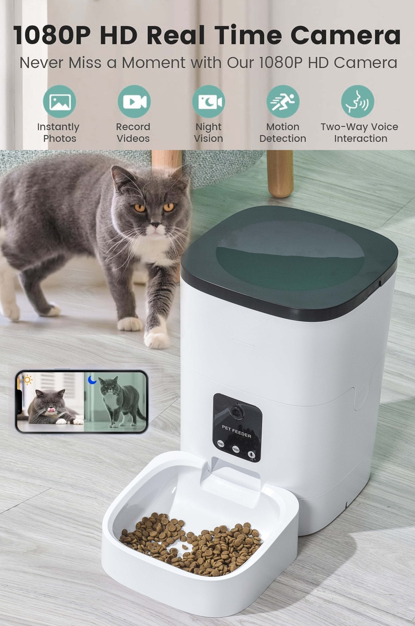 Pet Feeder,6L Automatic Pet Feeder for Cats and Dogs,1080P Camera,App Control,Voice Recorder,Timed Feeder for Schedule Feeding, Dual Power Supply,Wifi Pet Food Dispenser with App Control - I Love 💕