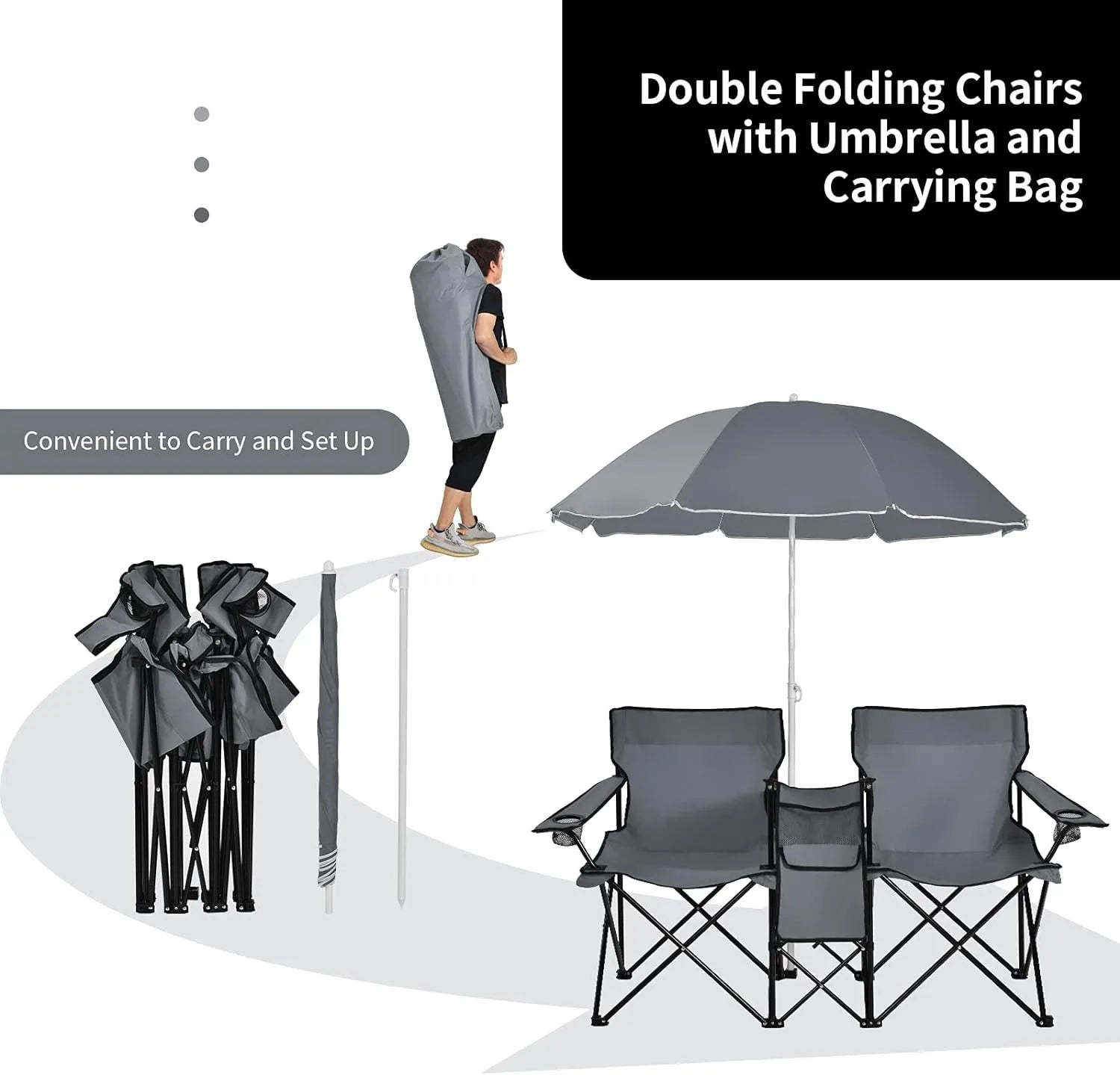 Portable Folding Picnic Double Chair W/Umbrella Table Cooler Beach Camping Chair for Patio Pool Park Outdoor - The Toy Base