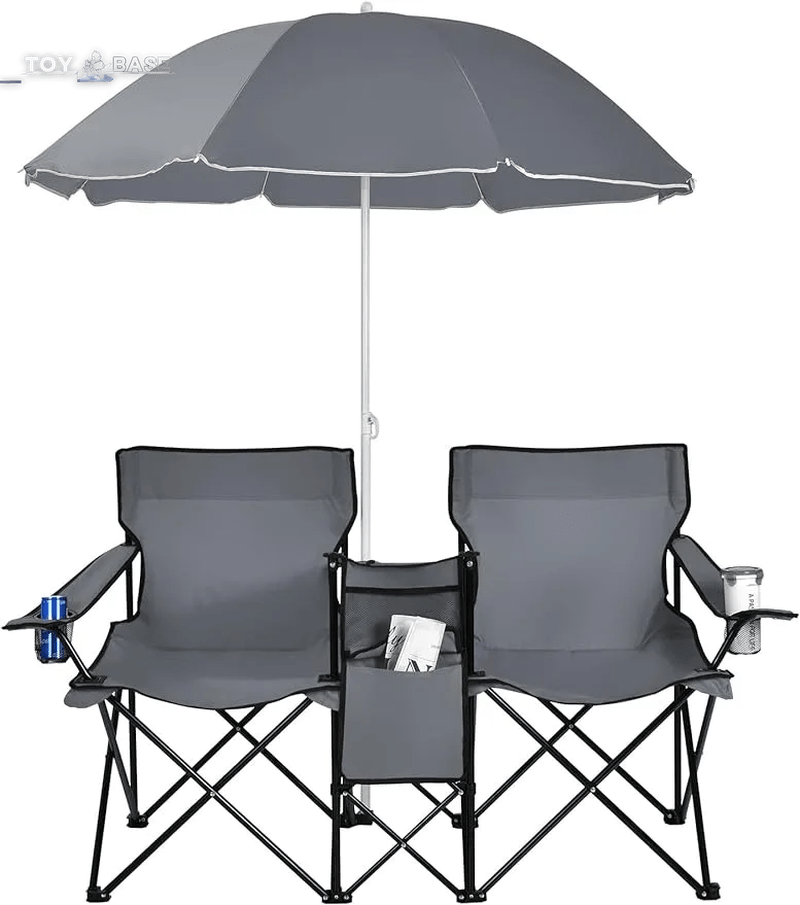 Portable Folding Picnic Double Chair W/Umbrella Table Cooler Beach Camping Chair for Patio Pool Park Outdoor - The Toy Base