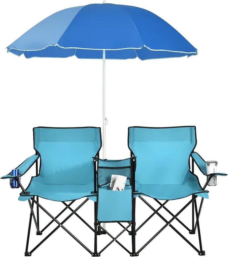 Portable Folding Picnic Double Chair W/Umbrella Table Cooler Beach Camping Chair for Patio Pool Park Outdoor - The Toy Base