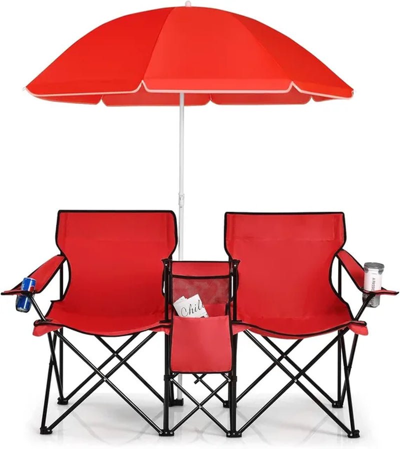 Portable Folding Picnic Double Chair W/Umbrella Table Cooler Beach Camping Chair for Patio Pool Park Outdoor - The Toy Base