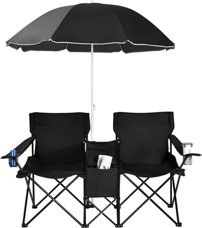 Portable Folding Picnic Double Chair W/Umbrella Table Cooler Beach Camping Chair for Patio Pool Park Outdoor - The Toy Base