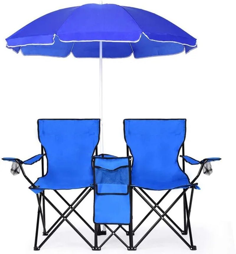 Portable Folding Picnic Double Chair W/Umbrella Table Cooler Beach Camping Chair for Patio Pool Park Outdoor - The Toy Base