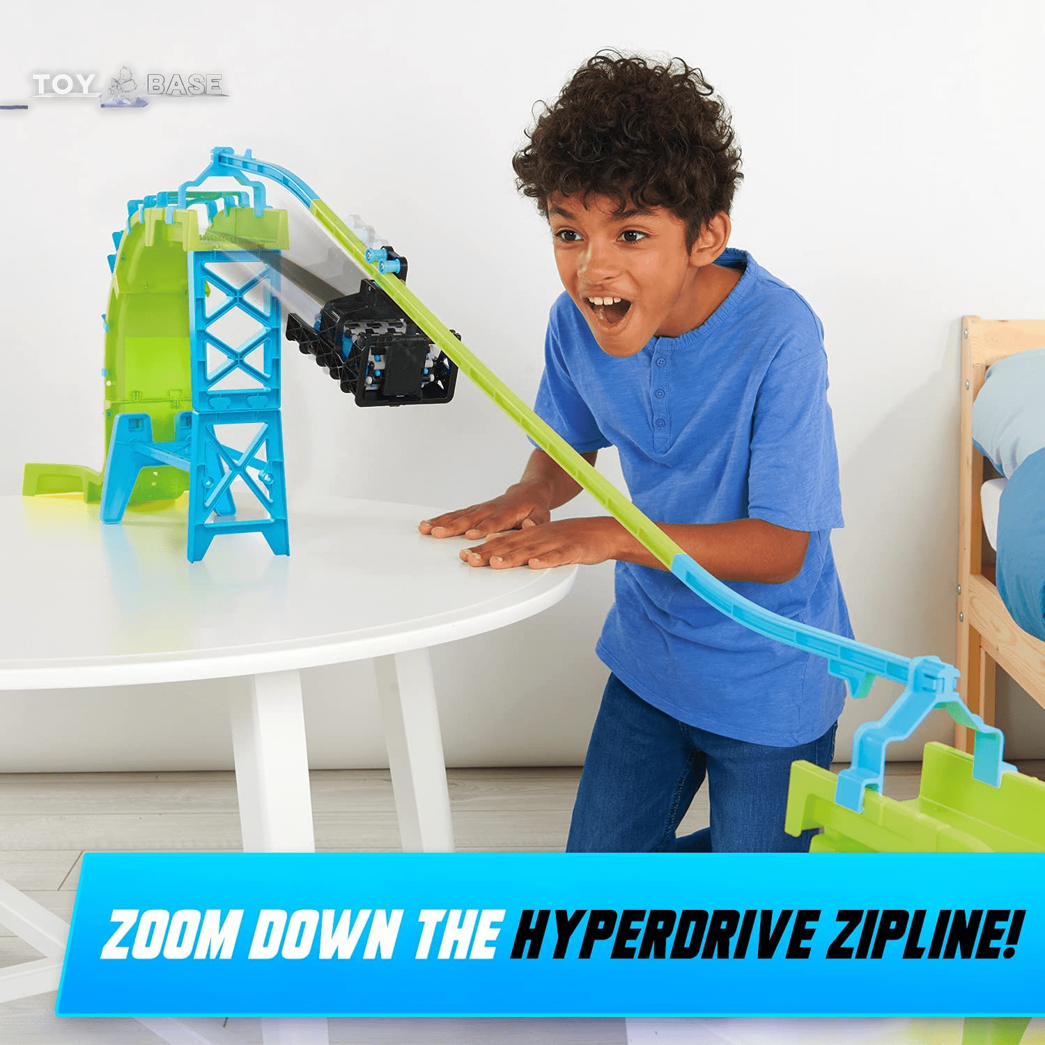 Power Treads Hyperdrive Zipline Car Set – Race Track Playset Includes 1 Vehicle and 60+ Pieces - The Toy Base