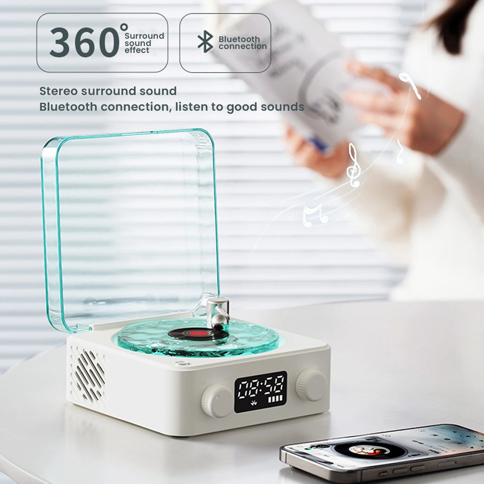 Retro Waves Vinyl Player White Noise Bluetooth Speaker Sleep Aid Turntable Speaker with Dynamic Water Ripple RGB Light - I Love 💕