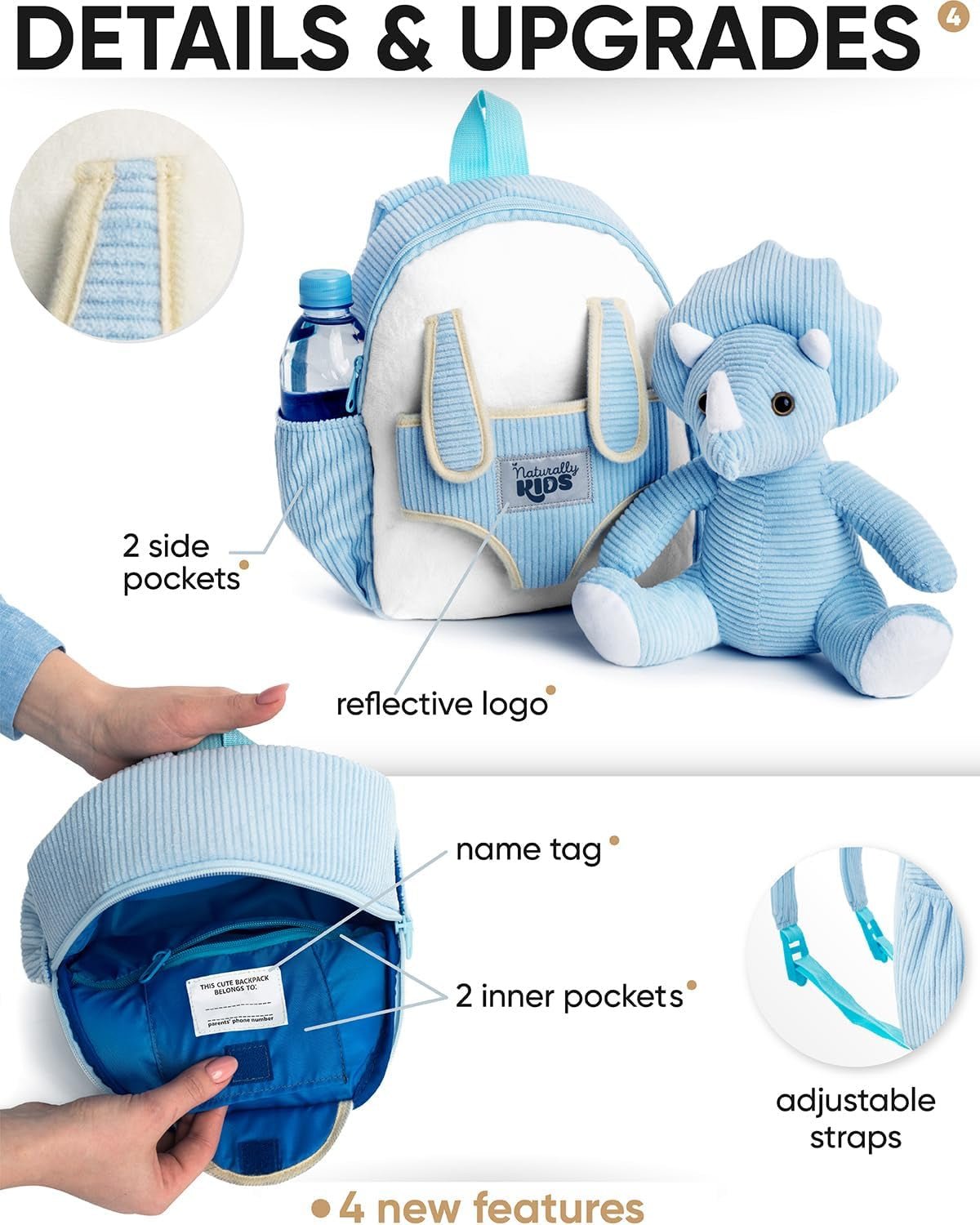 Small Dinosaur Backpack - Dinosaur Toys for Kids 3-5 - Toddler Backpack for Girl W Stuffed Animal - Gifts for 3 Year Old Boys - W Pockets & Reflective Logo - Backpack W Blue Triceratops - The Toy Base