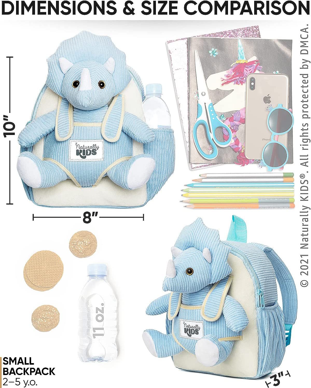 Small Dinosaur Backpack - Dinosaur Toys for Kids 3-5 - Toddler Backpack for Girl W Stuffed Animal - Gifts for 3 Year Old Boys - W Pockets & Reflective Logo - Backpack W Blue Triceratops - The Toy Base