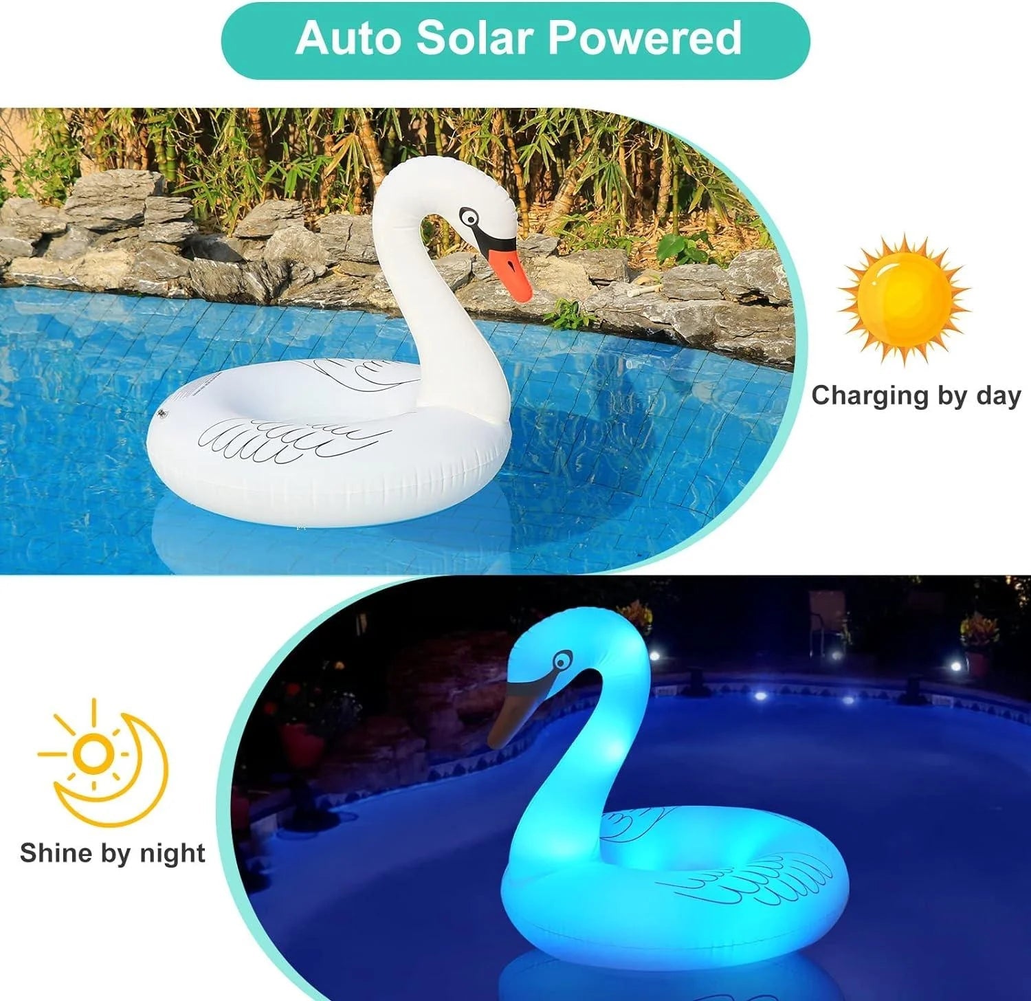 Solar Powered Inflatable Swan Pool Floats with Color - Changing Lights - I Love 💕