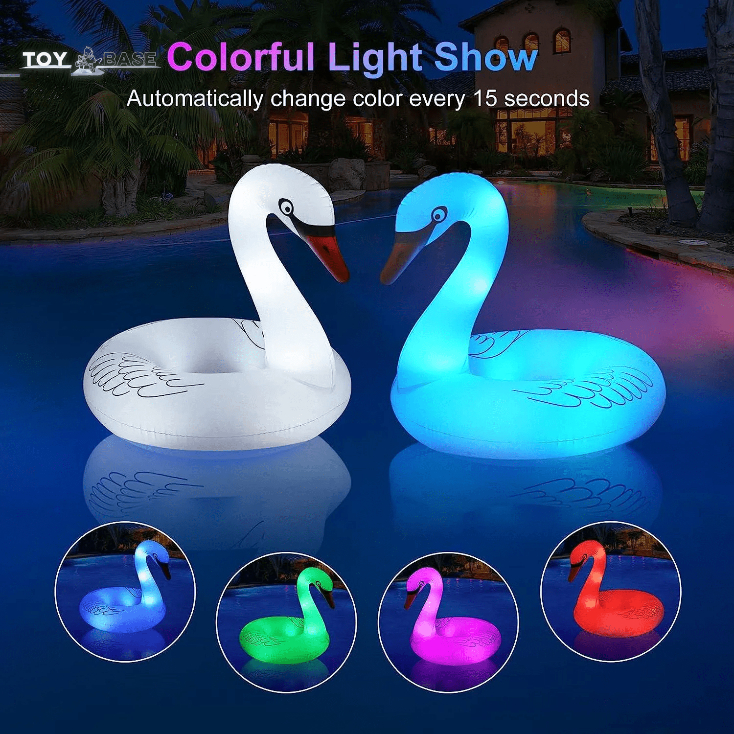 Solar Powered Inflatable Swan Pool Floats with Color - Changing Lights - I Love 💕