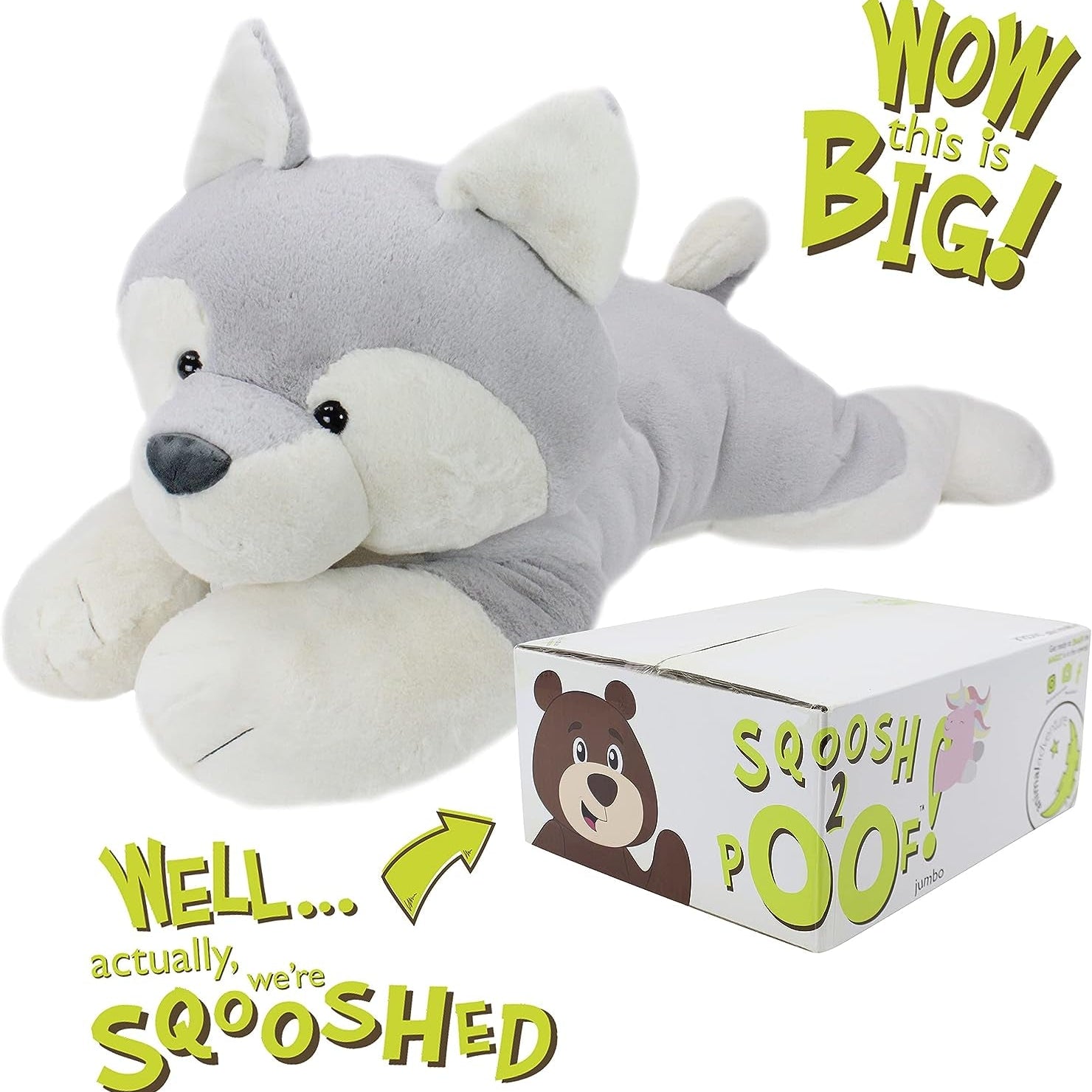 Sqoosh2Poof Giant, Cuddly, Ultra Soft Plush Stuffed Animal with Bonus Interactive Surprise - 44" Husky - I Love 💕