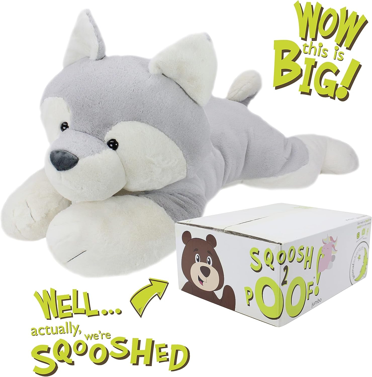 Sqoosh2Poof Giant, Cuddly, Ultra Soft Plush Stuffed Animal with Bonus Interactive Surprise - 44" Husky - I Love 💕