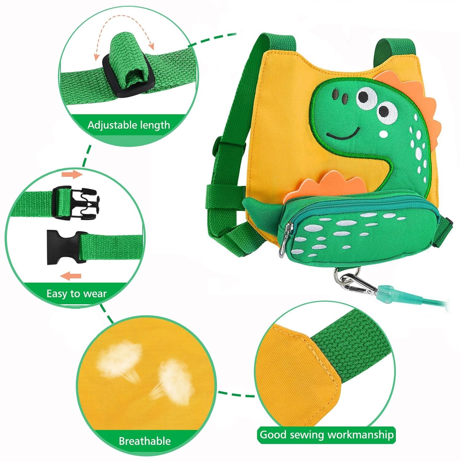 Toddler Harness Leash with anti Lost Wrist Link - Cute Dinosaur Kids Harnesses with Wristband Bracelet Leashes Strap Tether for Baby Boys Walking (Yellow) - I Love 💕