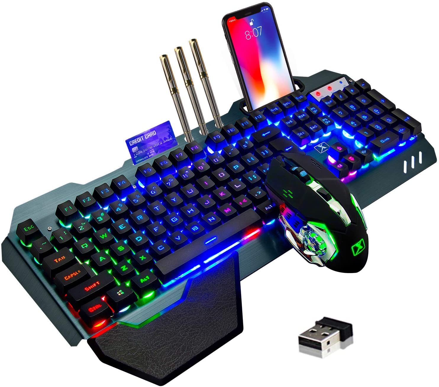 Wireless Gaming Keyboard and Mouse,Rainbow Backlit Rechargeable Keyboard Mouse with 3800Mah Battery Metal Panel,Removable Hand Rest Mechanical Feel Keyboard and 7 Color Gaming Mute Mouse for PC Gamers - The Toy Base