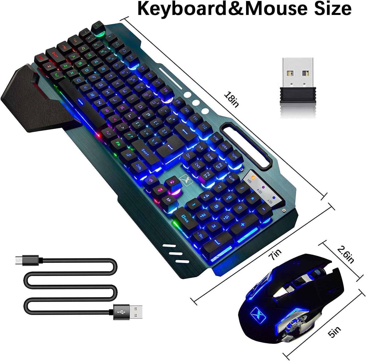 Wireless Gaming Keyboard and Mouse,Rainbow Backlit Rechargeable Keyboard Mouse with 3800Mah Battery Metal Panel,Removable Hand Rest Mechanical Feel Keyboard and 7 Color Gaming Mute Mouse for PC Gamers - The Toy Base