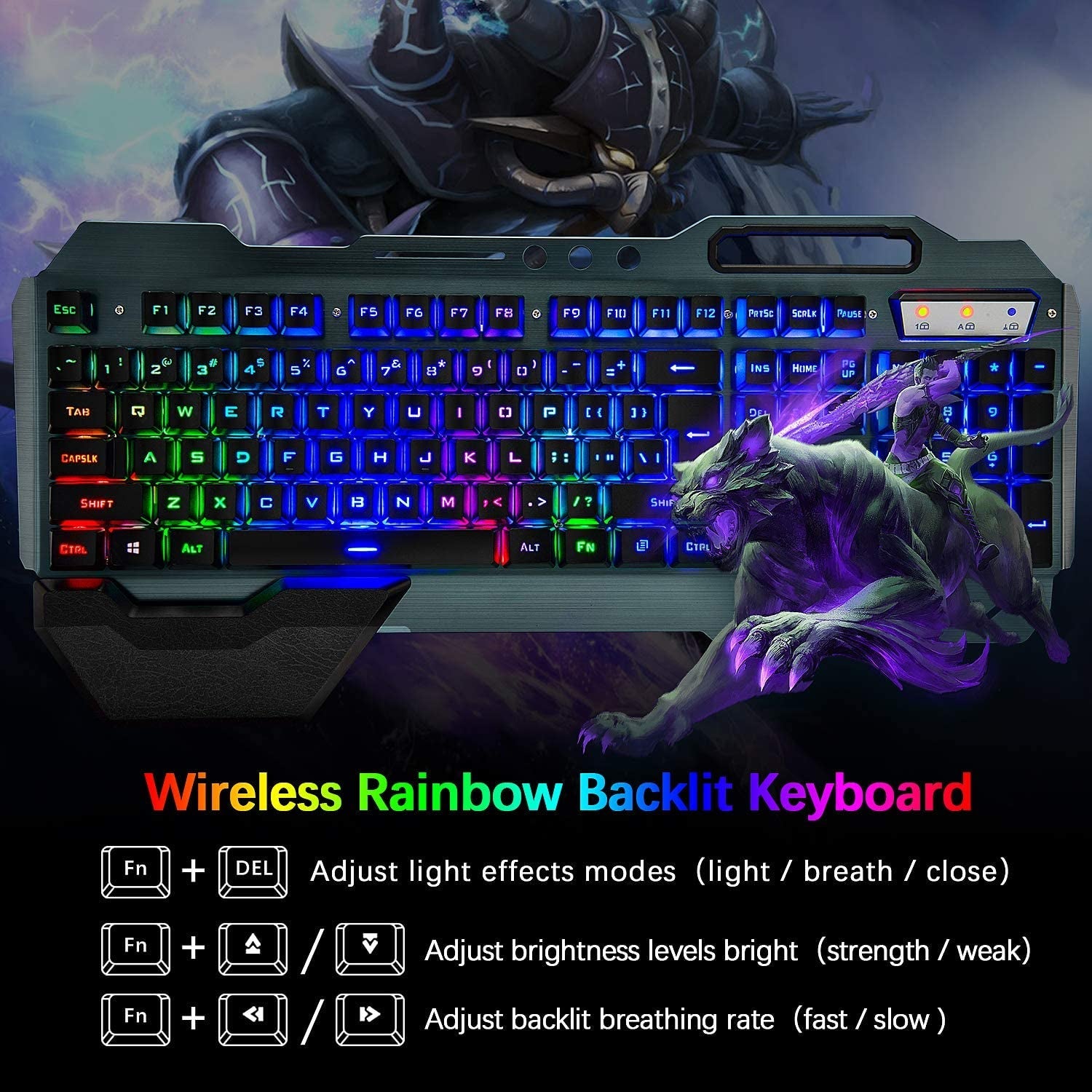 Wireless Gaming Keyboard and Mouse,Rainbow Backlit Rechargeable Keyboard Mouse with 3800Mah Battery Metal Panel,Removable Hand Rest Mechanical Feel Keyboard and 7 Color Gaming Mute Mouse for PC Gamers - The Toy Base