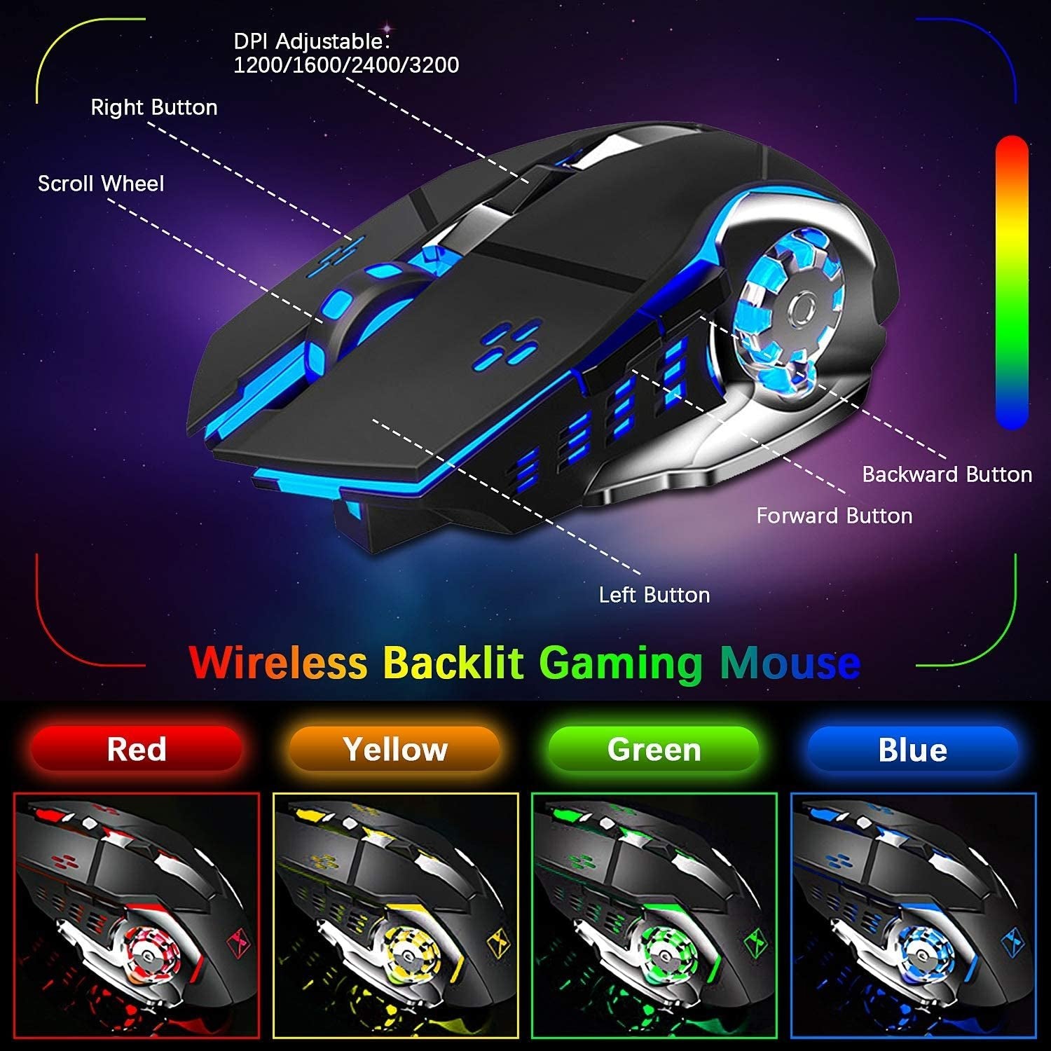 Wireless Gaming Keyboard and Mouse,Rainbow Backlit Rechargeable Keyboard Mouse with 3800Mah Battery Metal Panel,Removable Hand Rest Mechanical Feel Keyboard and 7 Color Gaming Mute Mouse for PC Gamers - The Toy Base