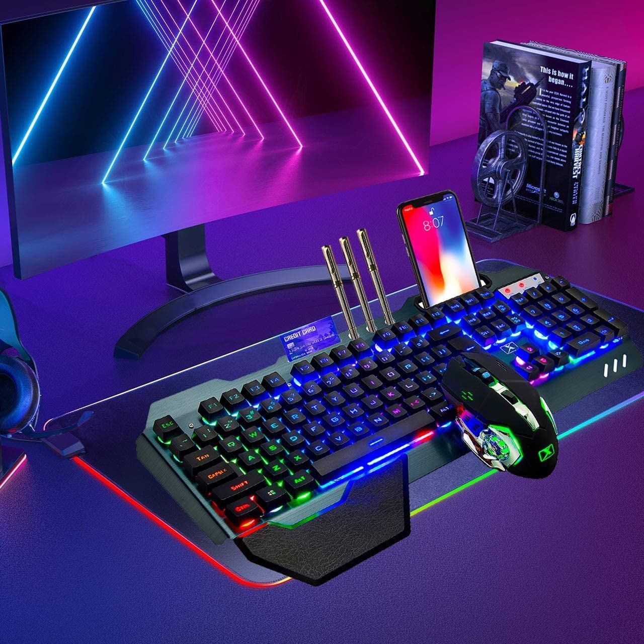 Wireless Gaming Keyboard and Mouse,Rainbow Backlit Rechargeable Keyboard Mouse with 3800Mah Battery Metal Panel,Removable Hand Rest Mechanical Feel Keyboard and 7 Color Gaming Mute Mouse for PC Gamers - The Toy Base