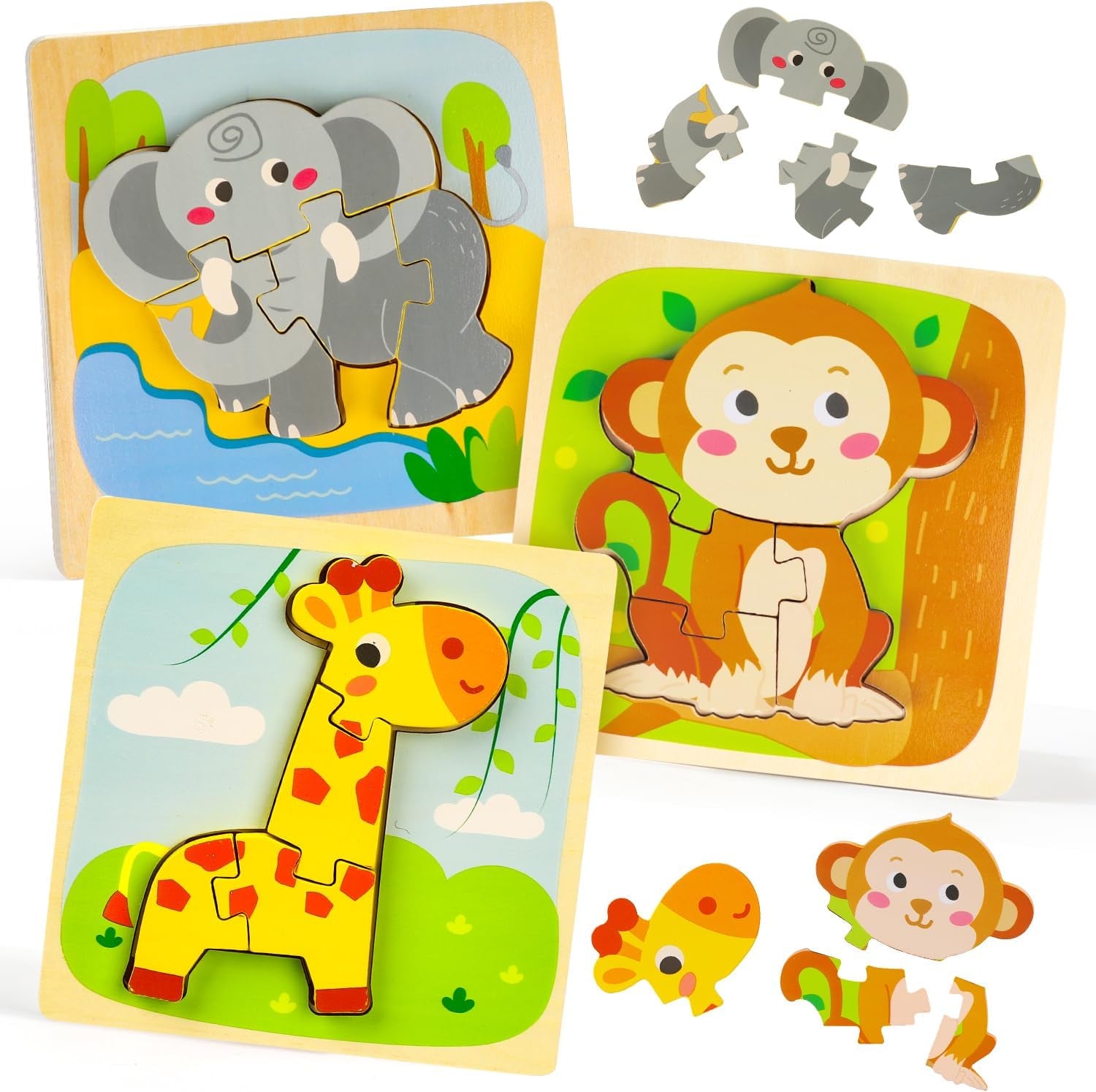 Wooden Animal Puzzles for Toddlers 1-3 - 3 Piece Baby Puzzle for Kids - STEM Educational Learning Toys - The Toy Base