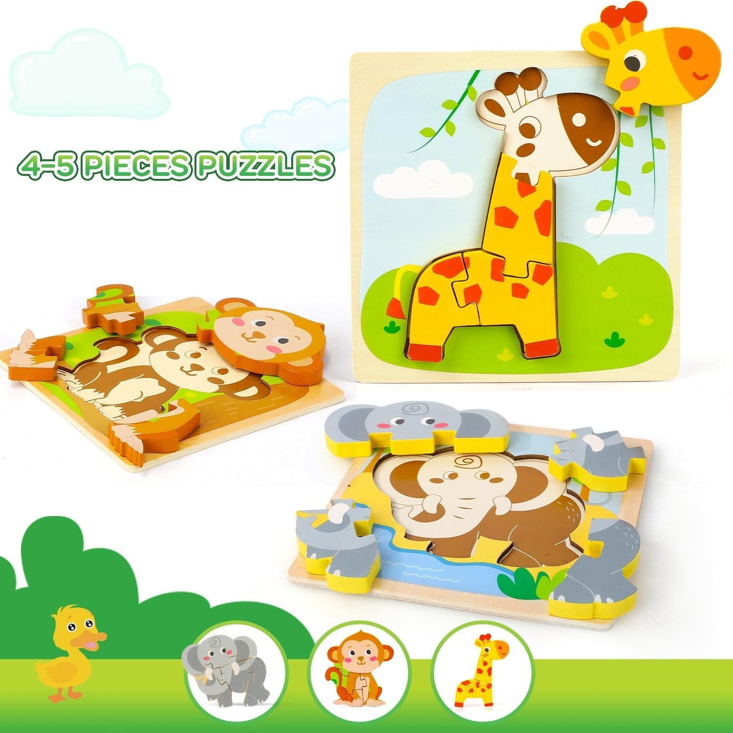 Wooden Animal Puzzles for Toddlers 1-3 - 3 Piece Baby Puzzle for Kids - STEM Educational Learning Toys - The Toy Base