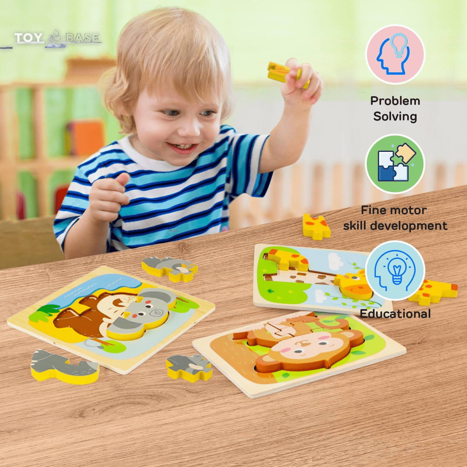 Wooden Animal Puzzles for Toddlers 1-3 - 3 Piece Baby Puzzle for Kids - STEM Educational Learning Toys - The Toy Base