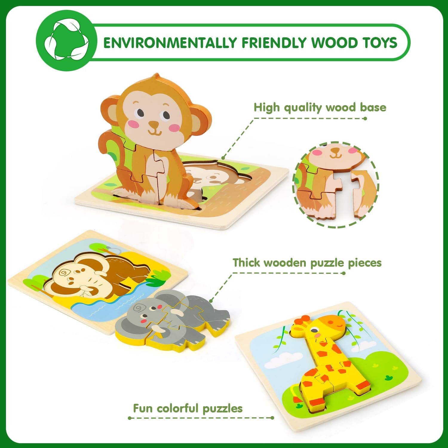 Wooden Animal Puzzles for Toddlers 1-3 - 3 Piece Baby Puzzle for Kids - STEM Educational Learning Toys - The Toy Base