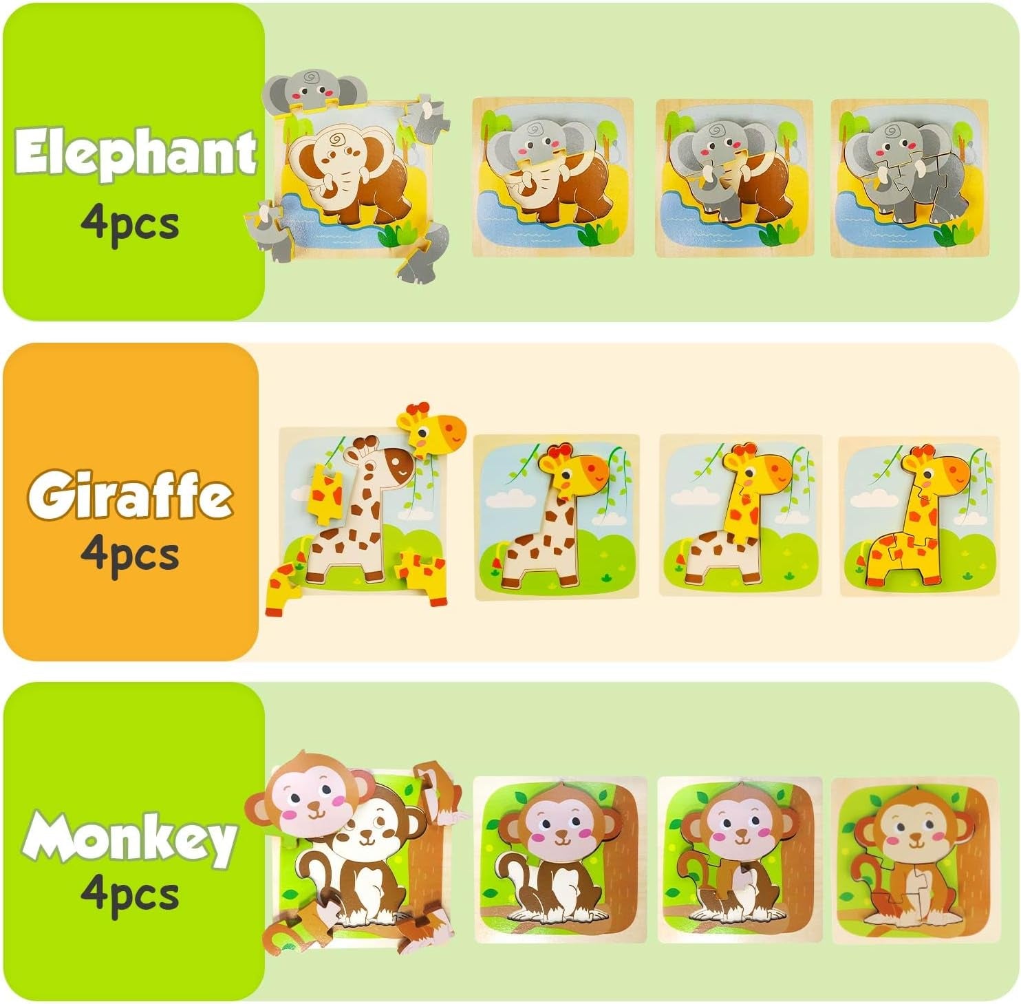 Wooden Animal Puzzles for Toddlers 1-3 - 3 Piece Baby Puzzle for Kids - STEM Educational Learning Toys - The Toy Base