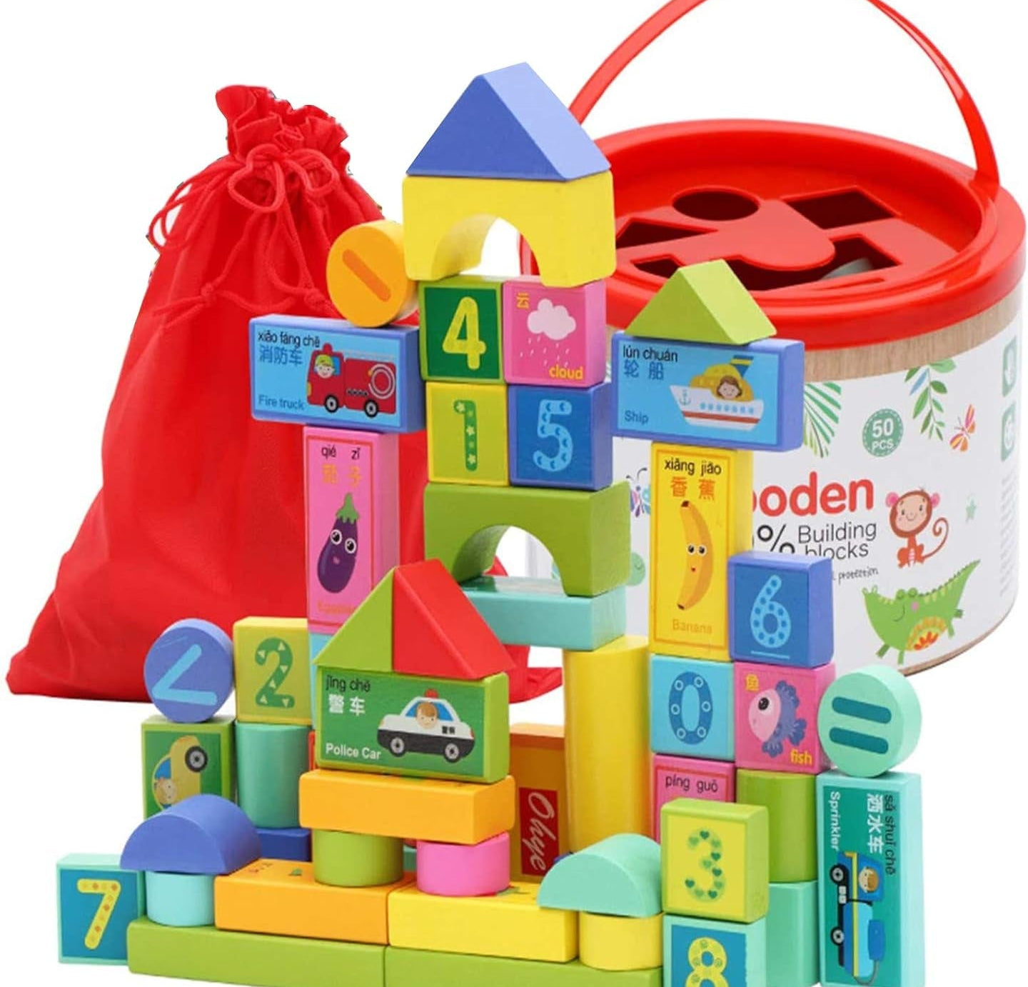 Wooden Building Blocks Toys: 50PCS Toddler Stacking Toys Pre-School Learning Educational - The Toy Base