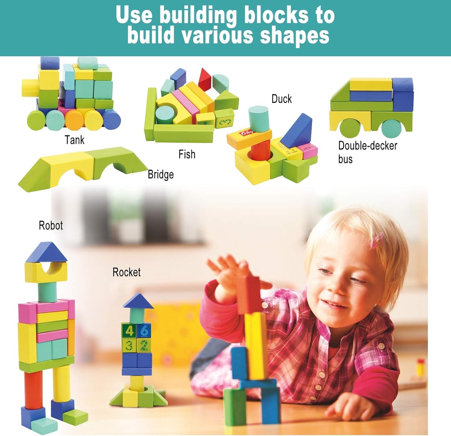 Wooden Building Blocks Toys: 50PCS Toddler Stacking Toys Pre-School Learning Educational - The Toy Base