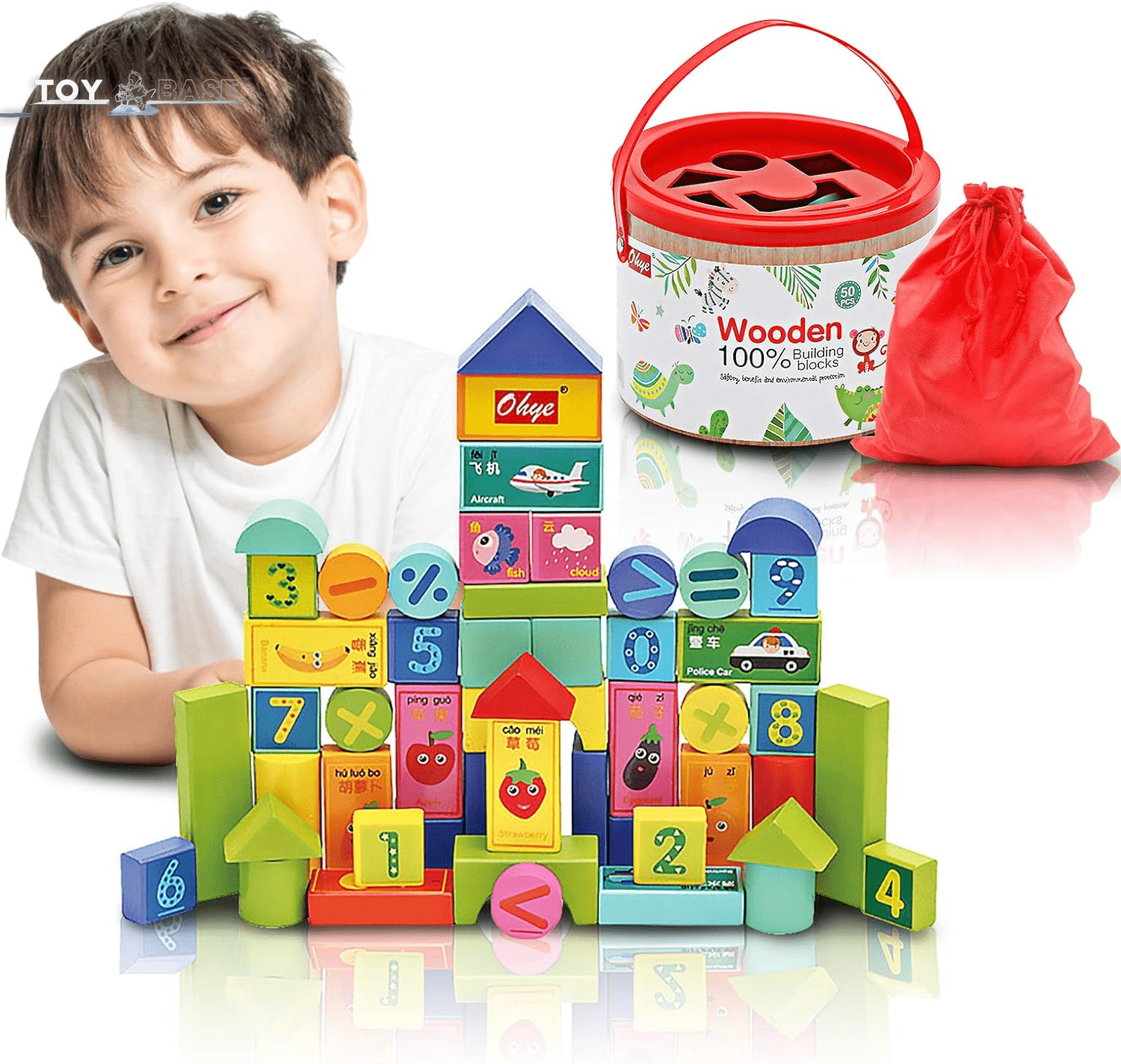 Wooden Building Blocks Toys: 50PCS Toddler Stacking Toys Pre-School Learning Educational - The Toy Base