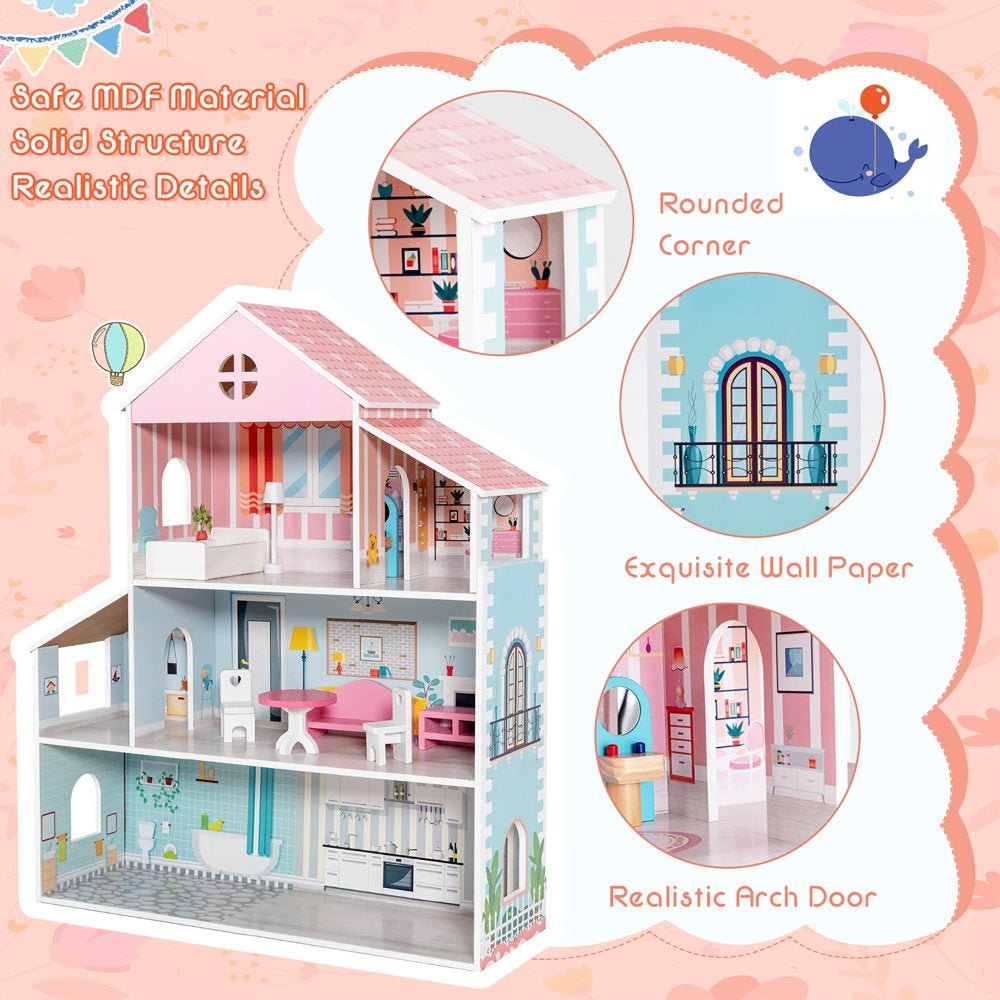 Wooden Dollhouse for Kids 3-Tier Toddler Doll House W/Furniture Gift for Age 3+ - The Toy Base