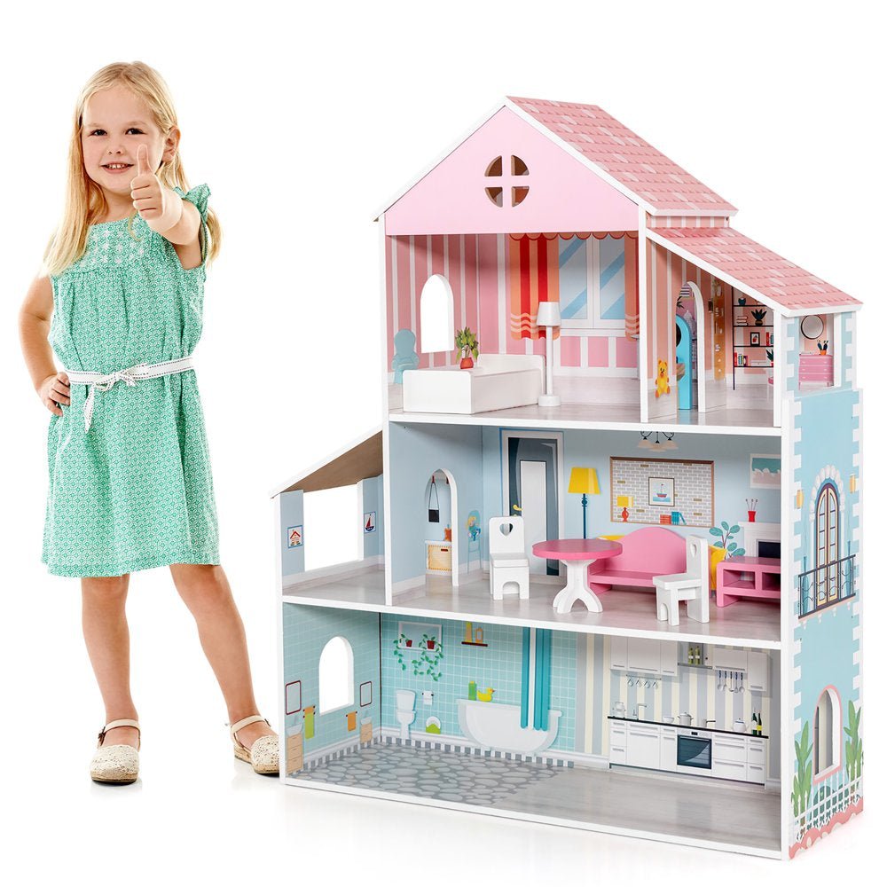 Wooden Dollhouse for Kids 3-Tier Toddler Doll House W/Furniture Gift for Age 3+ - The Toy Base