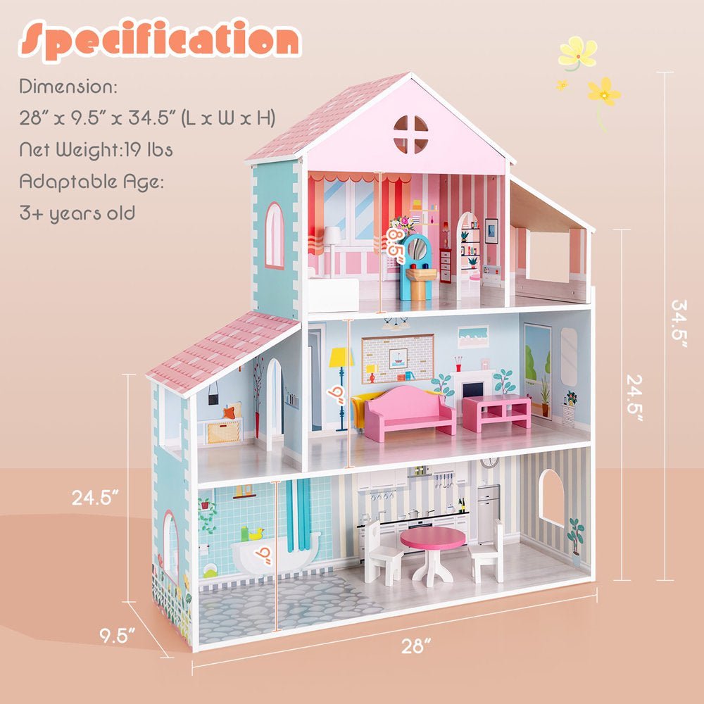 Wooden Dollhouse for Kids 3-Tier Toddler Doll House W/Furniture Gift for Age 3+ - The Toy Base