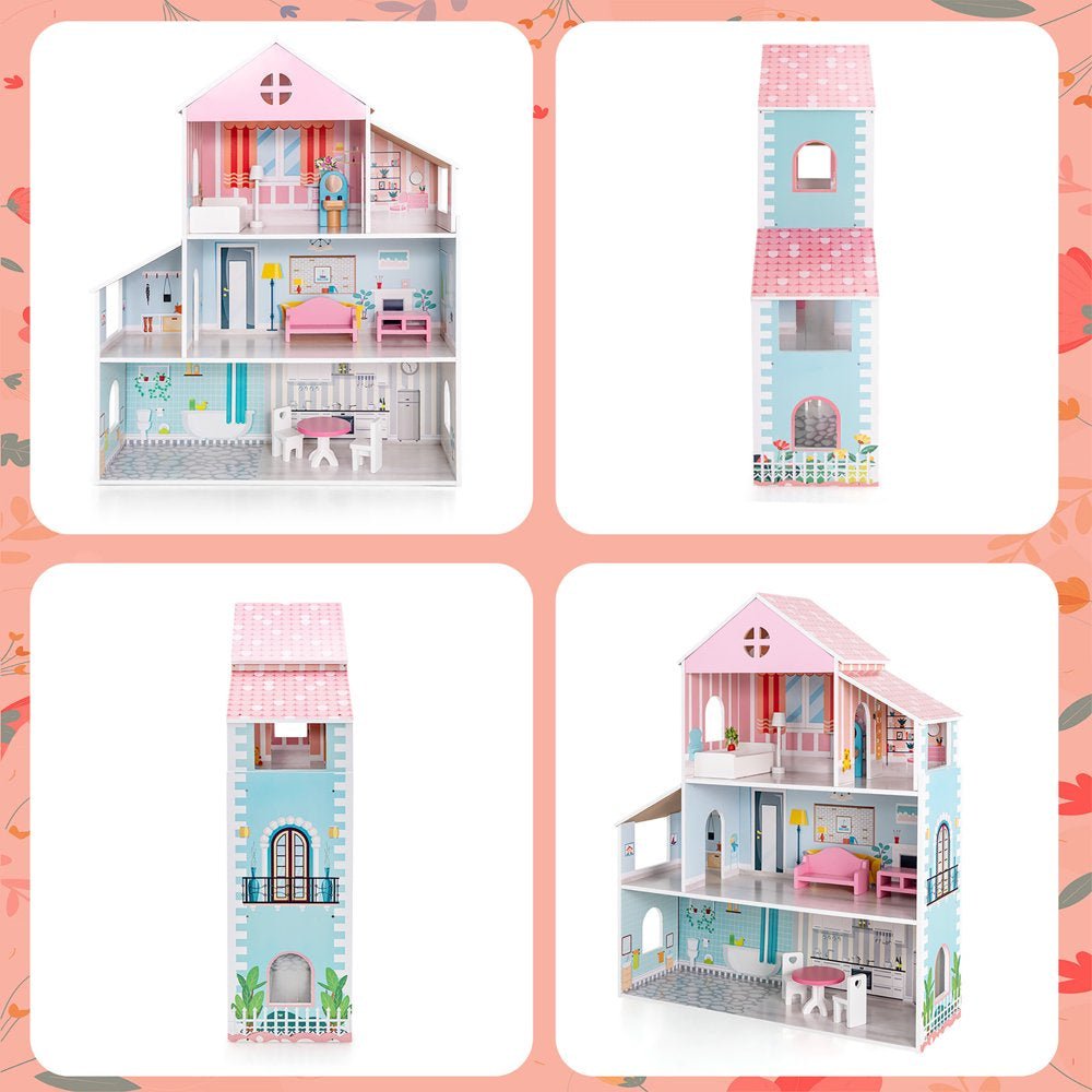 Wooden Dollhouse for Kids 3-Tier Toddler Doll House W/Furniture Gift for Age 3+ - The Toy Base