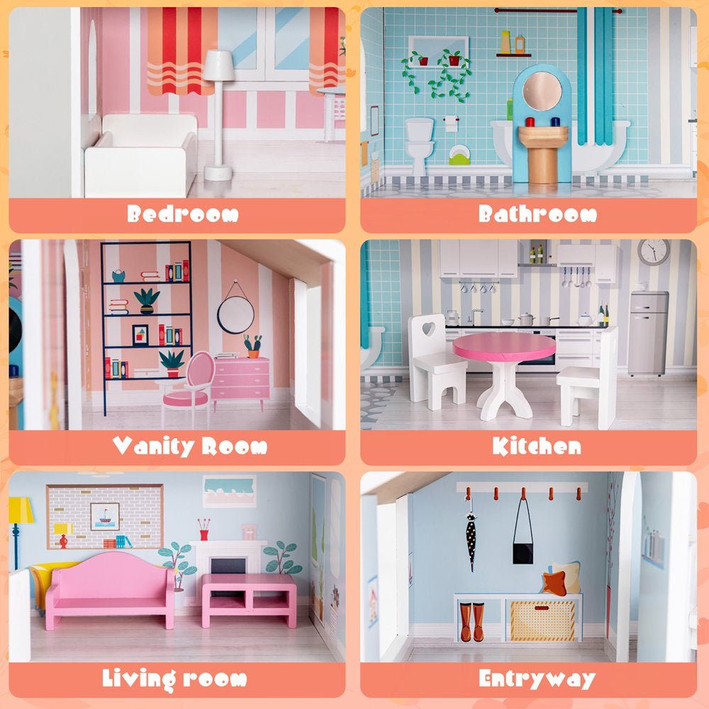 Wooden Dollhouse for Kids 3-Tier Toddler Doll House W/Furniture Gift for Age 3+ - The Toy Base